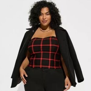 Torrid Ponte Sweetheart Strapless Black Red Windowpane Plaid Crop Tube Top